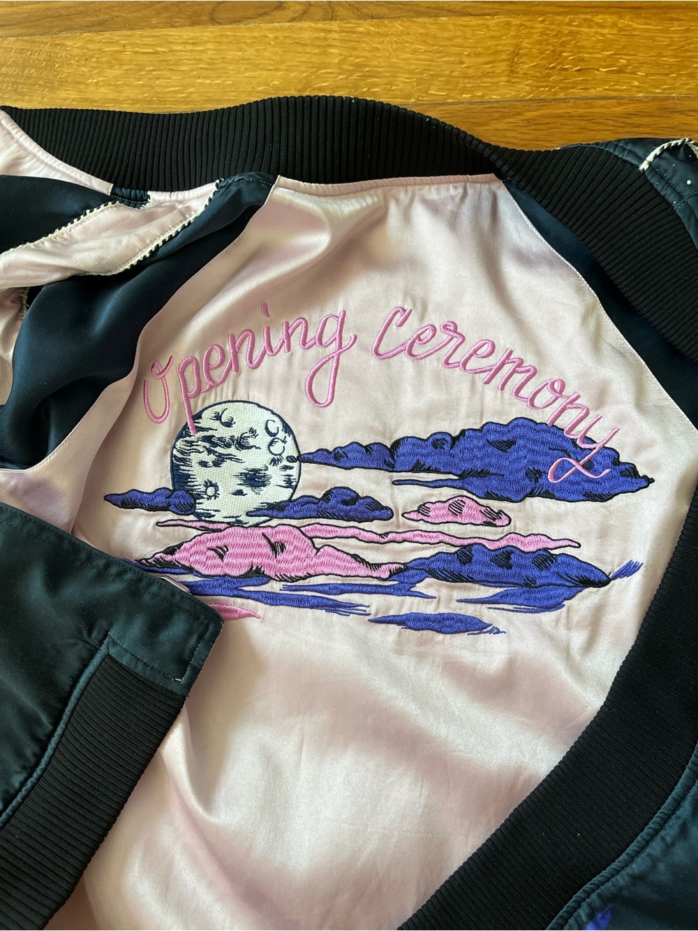 Opening Ceremony Bomber silk reversible embroidered print M pink navy EUC - Picture 2 of 10